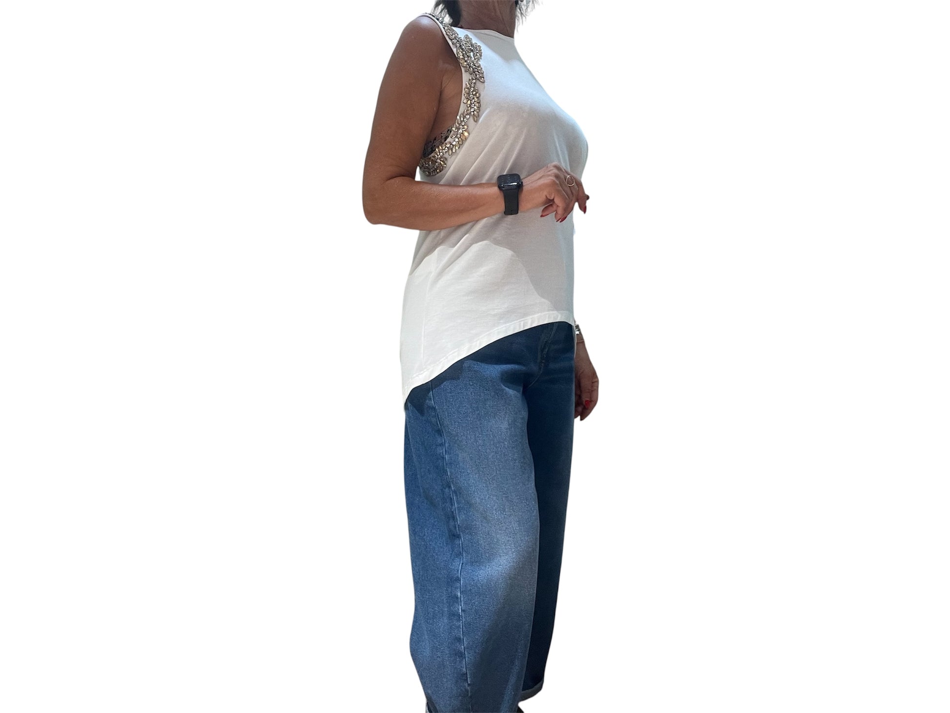 T shirt monospalla strass tensione in