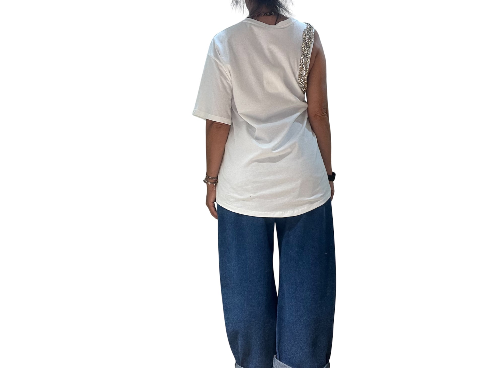 T shirt monospalla strass tensione in