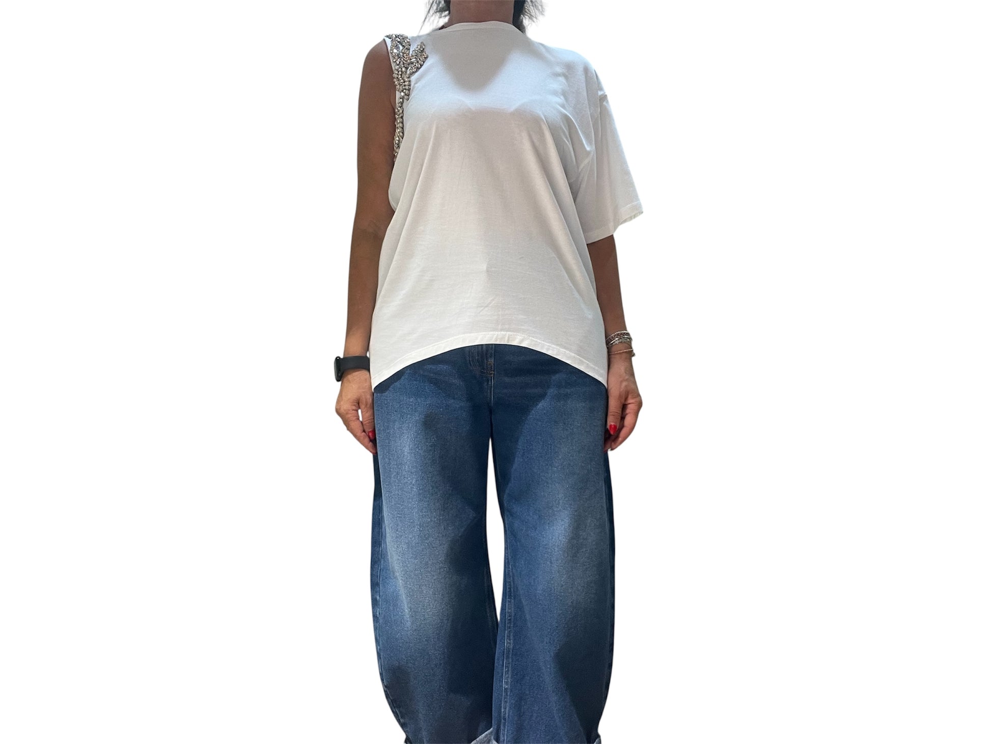 T shirt monospalla strass tensione in